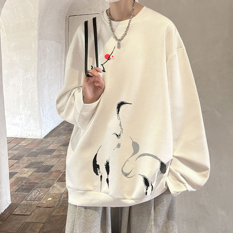 [WUSHE Series]★China Style Tops★ 4color Long Sleeve Tops Sweatshirt Unisex Men's Large Size Crane Tsuru Tsuru