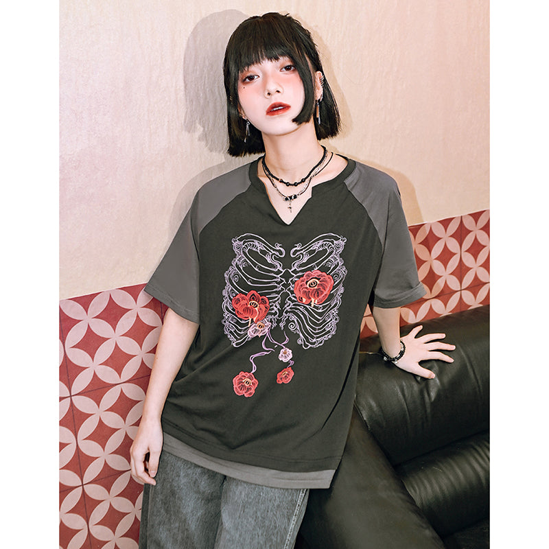 [Kokaisha---Hanabone Series] ★Chinese-style top★ Short-sleeved T-shirt, printed, unique, original, V-neck, cotton