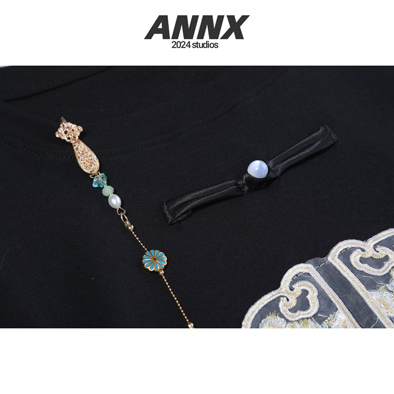 [ANNX Series]★China Style T-shirt★ 2color Tops Women's Chinese Clothing Improves Temperament Embroidery Chinese Button