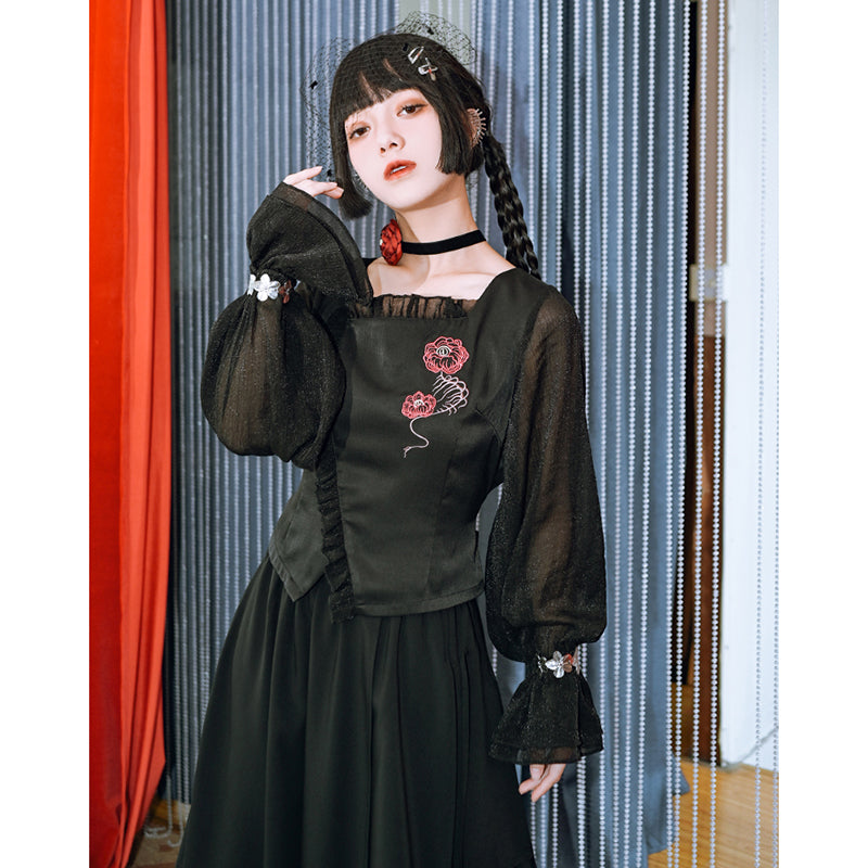 [Kokaisha---Eyeball Rose Series] ★Chinese style skirt★ Bottoms Chinese clothing S M L XL Easy to match Black Black Irregular