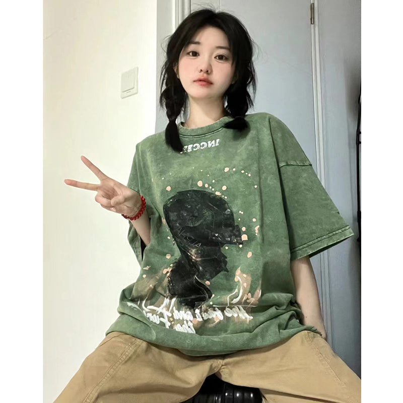 【FEIYUANSHENシリーズ】★Tシャツ★ 4color トップス 半袖 男女兼用 メンズ レトロ ブラック グリーン パープル ピンク