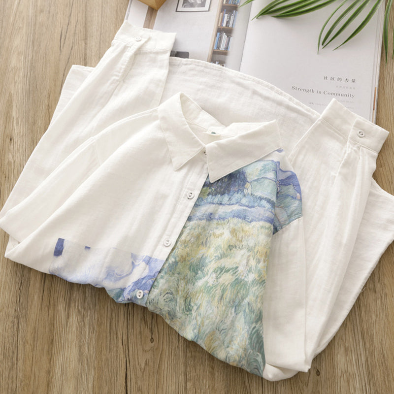 [XIUZHI Series] ★Long-sleeved shirt★ Tops for women, oil painting style, cotton, white, blue, improves your temperament