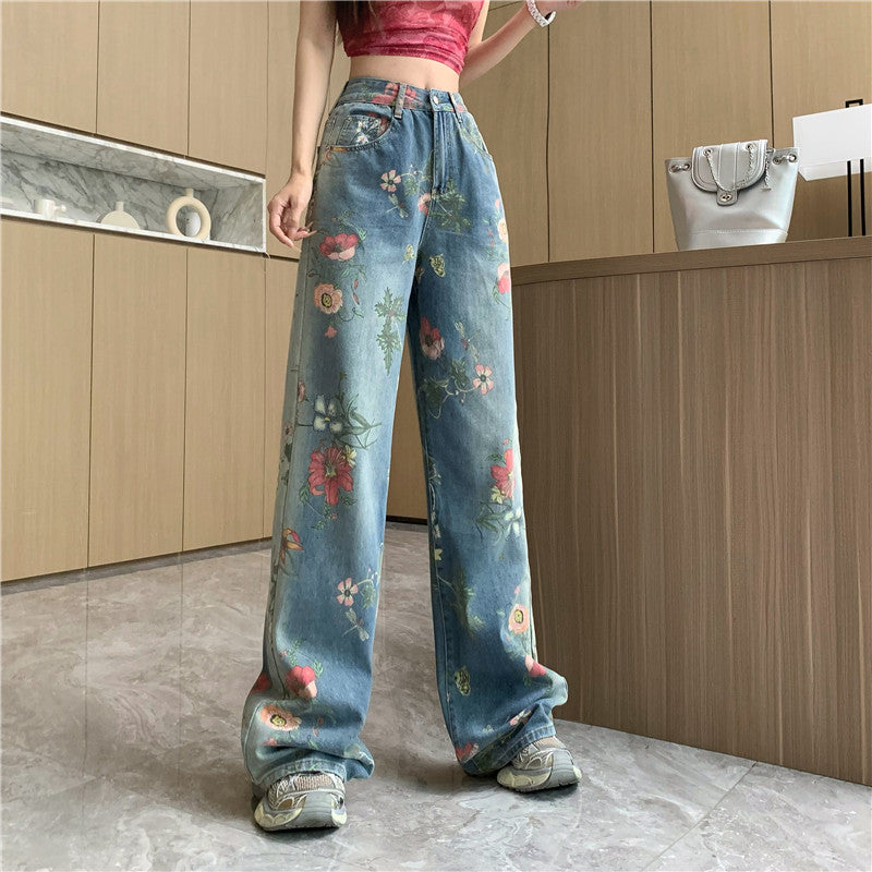 [KAHY Series] ★Denim pants★ Trousers Bottoms Casual Floral Blue Stylish Print