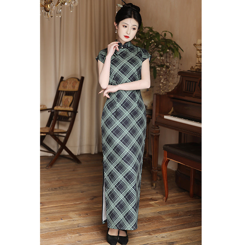 [HLQ Series] ★Chinese Dress★ Chinese-style dress, check pattern, slimming, date, wedding, elegant