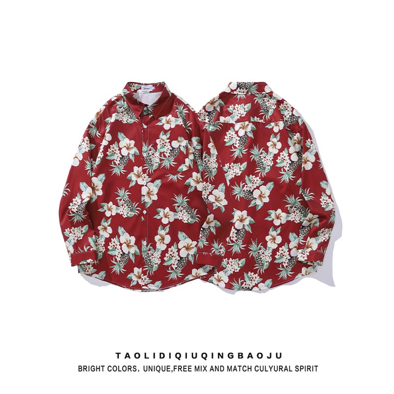 [MOISHE TIDE Series]★Shirt★ Tops, long sleeve shirt, floral pattern shirt, unisex, men's, red, Harajuku style