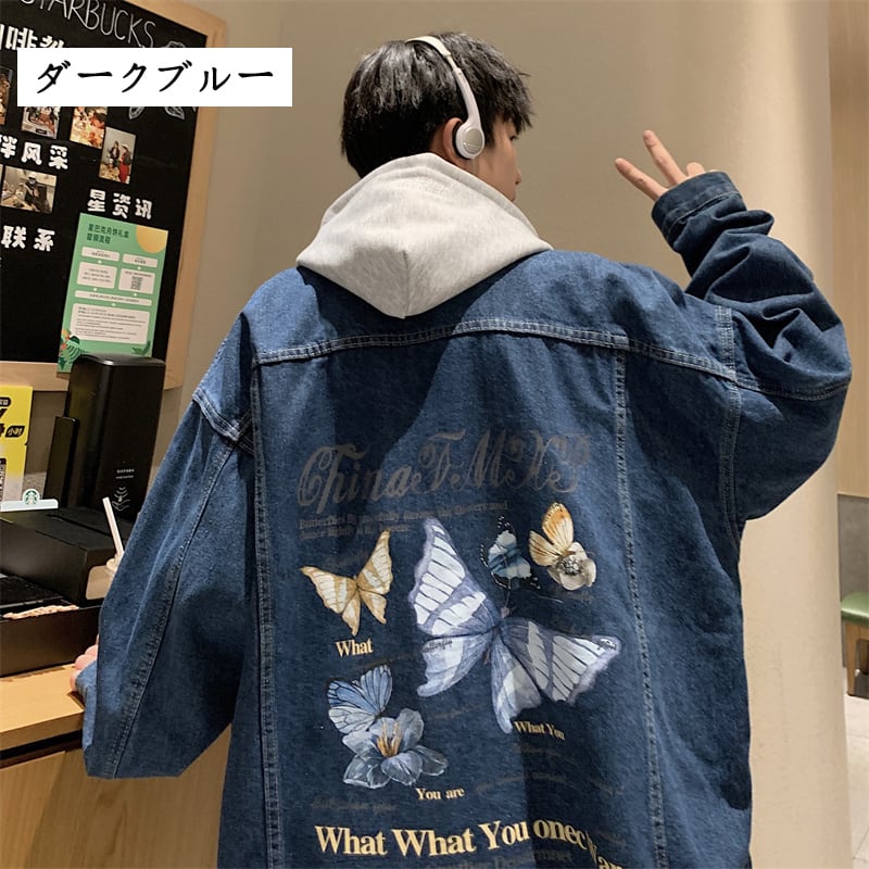 [V37 series]★Jacket★ 3color outerwear unisex men's denim jacket jeans butterfly print blue black