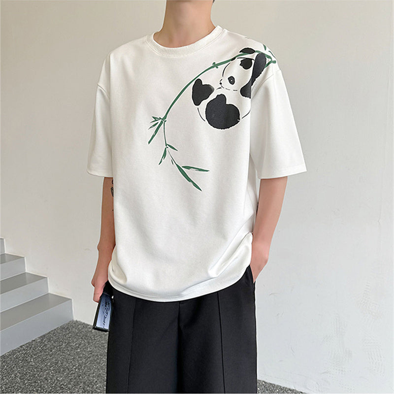 [ZHUIYI series] ★Chinese style tops★ 2color T-shirt, short sleeve, bamboo, bamboo pattern, panda, men's, casual, black, white