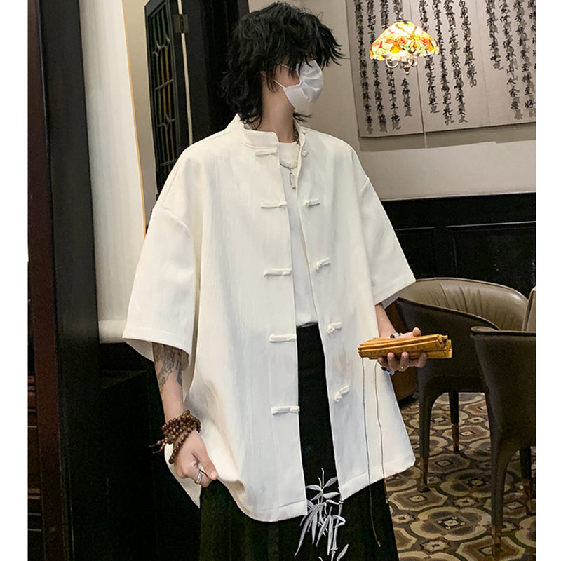 [BIGEMAN Series] ★China style tops★ 2color shirt, bamboo pattern, bamboo, short sleeves, unisex, men's, large size, black white