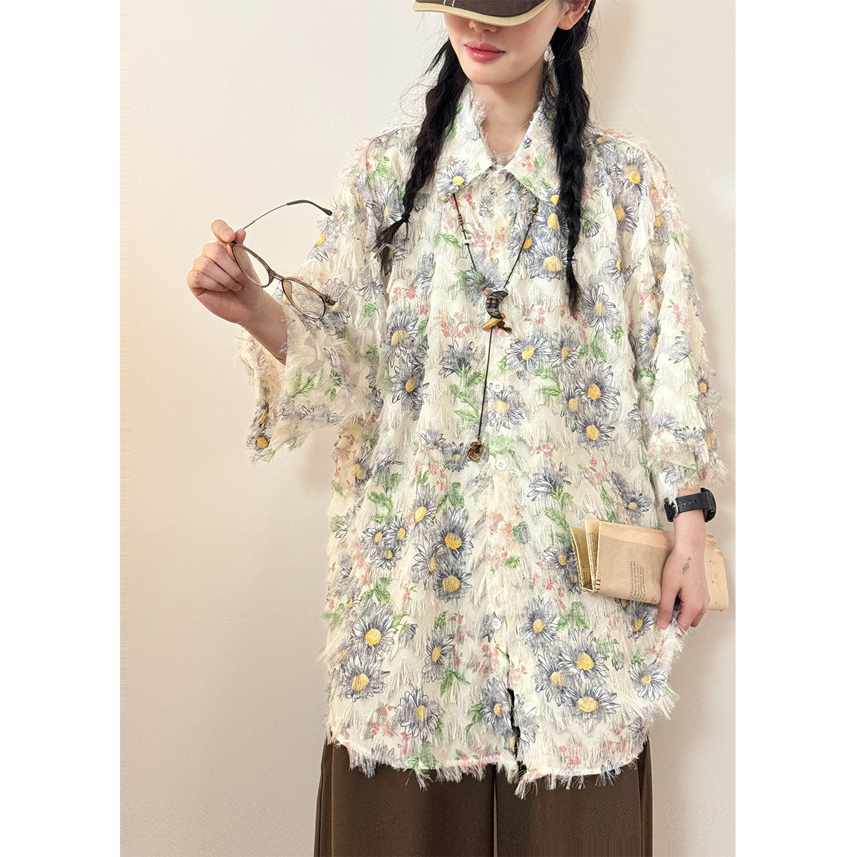 【UATONLINEシリーズ】★シャツ★ 2color トップス 半袖 男女兼用 メンズ 花柄 可愛い カジュアル 夏服 アプリコット ブルー