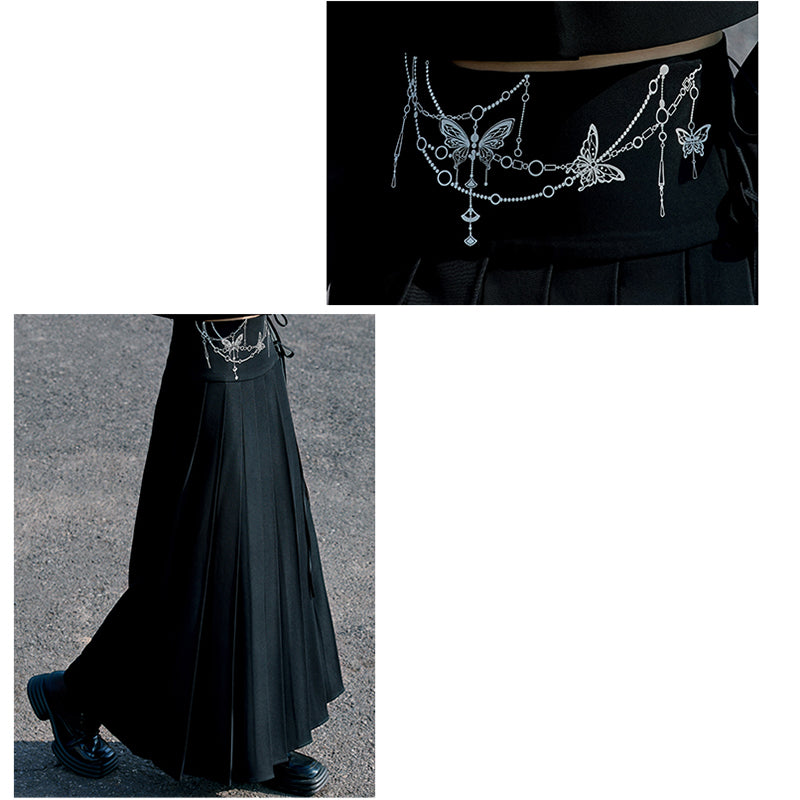 [Yunman slanted hairpin series] ★China style skirt★ Skirt with chain Bottoms Long skirt Chinese clothes Slimming black Black