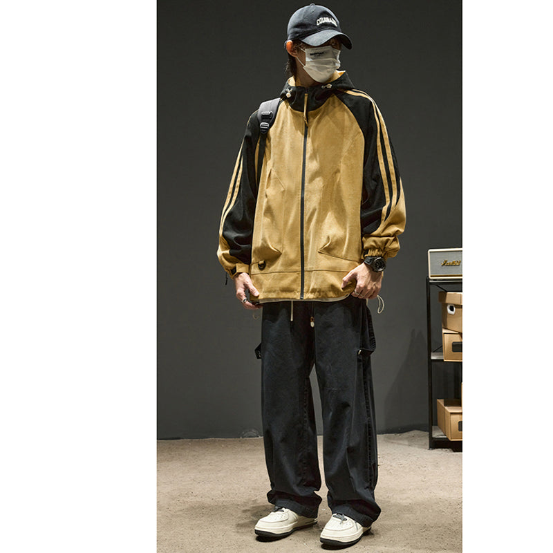 [ZHUOKAI Series] ★Jacket★ 2color outerwear, unisex, men's color scheme, hat included, vertical stripes, striped pattern