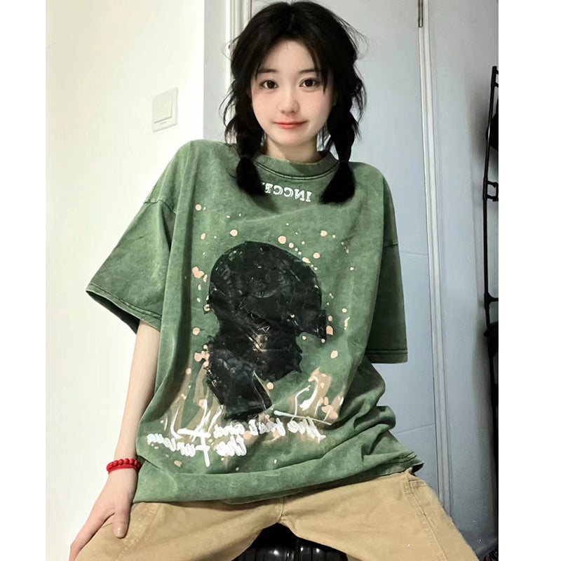 [FEIYUANSHEN Series]★T-shirt★ 4color Tops Short Sleeve Unisex Men's Retro Black Green Purple Pink