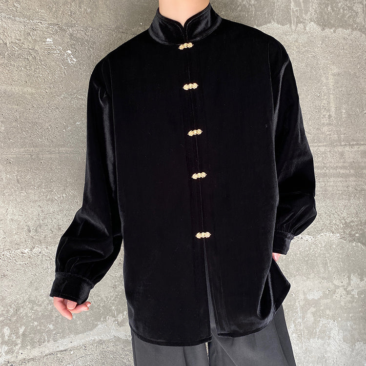 [Illustrated series] ★China style shirt★ 2color long sleeve shirt tops velvet unisex men's black wine red