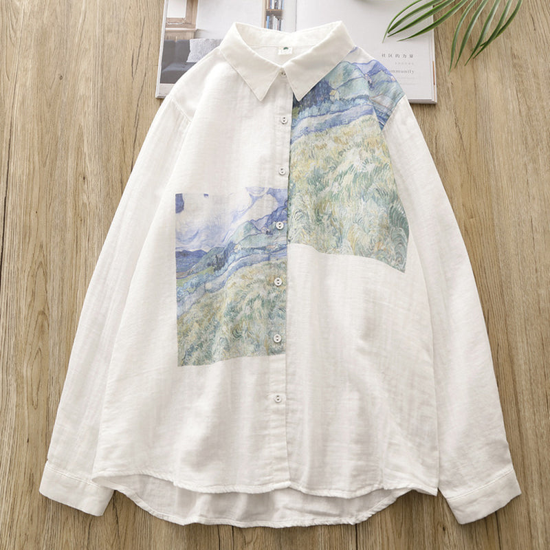 [XIUZHI Series] ★Long-sleeved shirt★ Tops for women, oil painting style, cotton, white, blue, improves your temperament