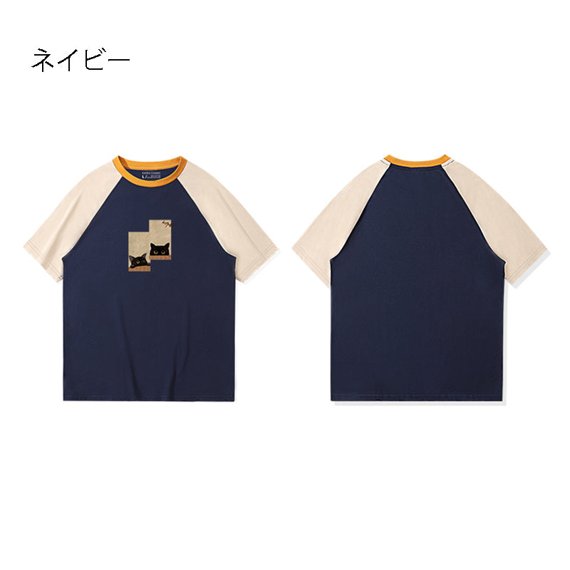 [KAMU Series]★T-shirt★ 4color Tops Cotton Short Sleeve Cat Unisex Men's Color Scheme Cute