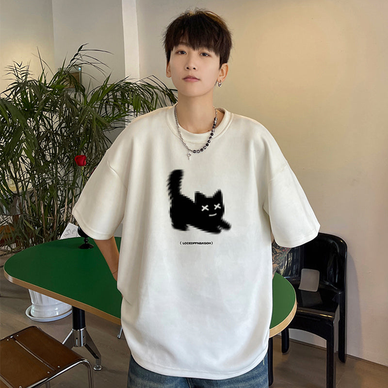 【NANSHIシリーズ】★Tシャツ★ 5color トップス 半袖 男女兼用 メンズ 大きいサイズ スエード 猫 猫柄 ねこ ネコ