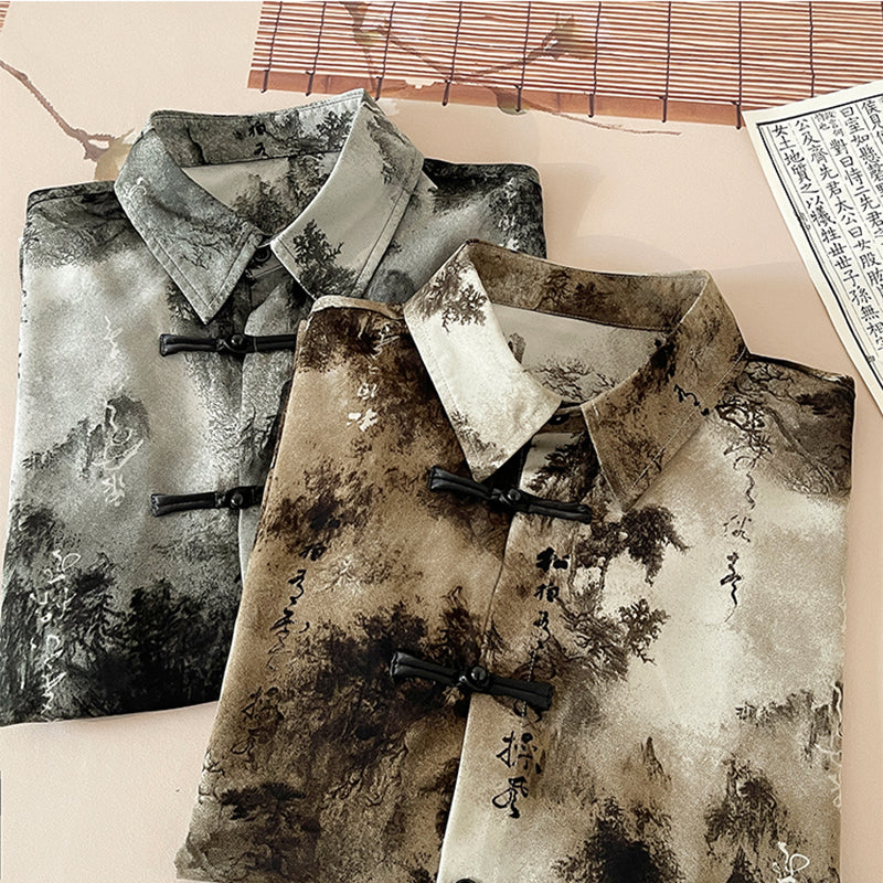 [SENSU series] ★Chinese-style tops★ 2 colors, shirt, short sleeves, unisex, men's, large size, Chinese clothing, ink-wash pattern, tie-dye