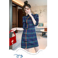 Load image into Gallery viewer, [WEISILU Series]★Cheongsam dress★ Chinese-style dress, plaid pattern, short length, date, wedding, blue-green
