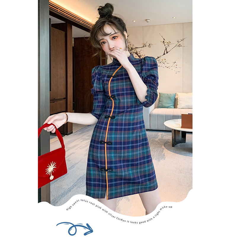 [WEISILU Series]★Cheongsam dress★ Chinese-style dress, plaid pattern, short length, date, wedding, blue-green