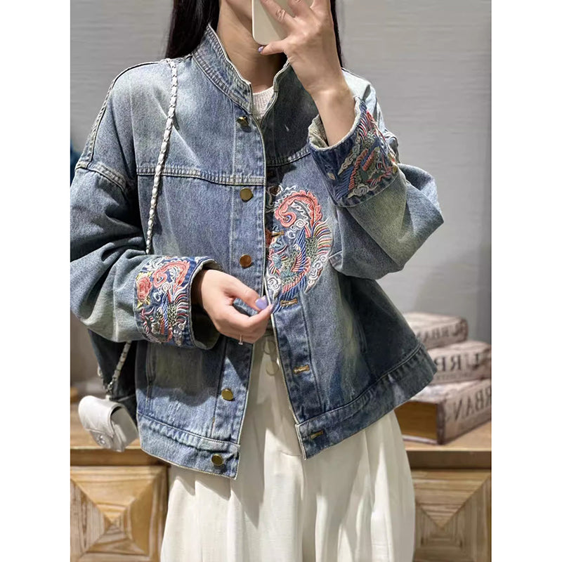 [AILAIQIAN Series]★China style outerwear★ Jacket Denim jacket Embroidery Jeans Blue Blue