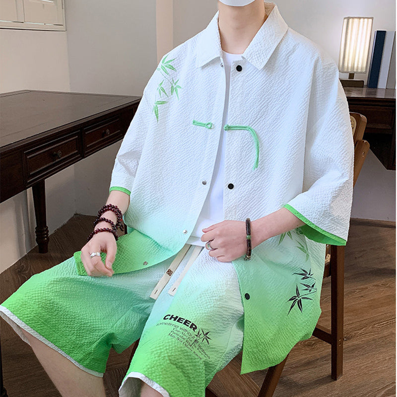 [WUSHE Series] ★Chinese style set up★ 3 colors Shirt + shorts Unisex Men's Large size Cool