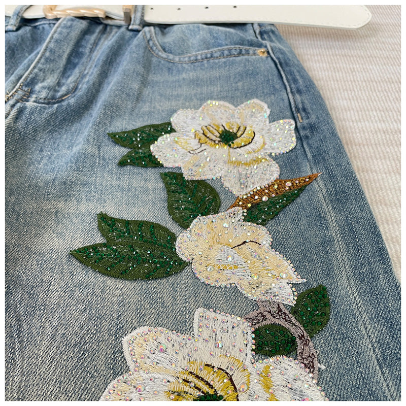 【RHJLシリーズ】★チャイナ風ズボン★ デニムパンツ ボトムス 花柄 刺繍 カジュアル ブルー 青い 春夏