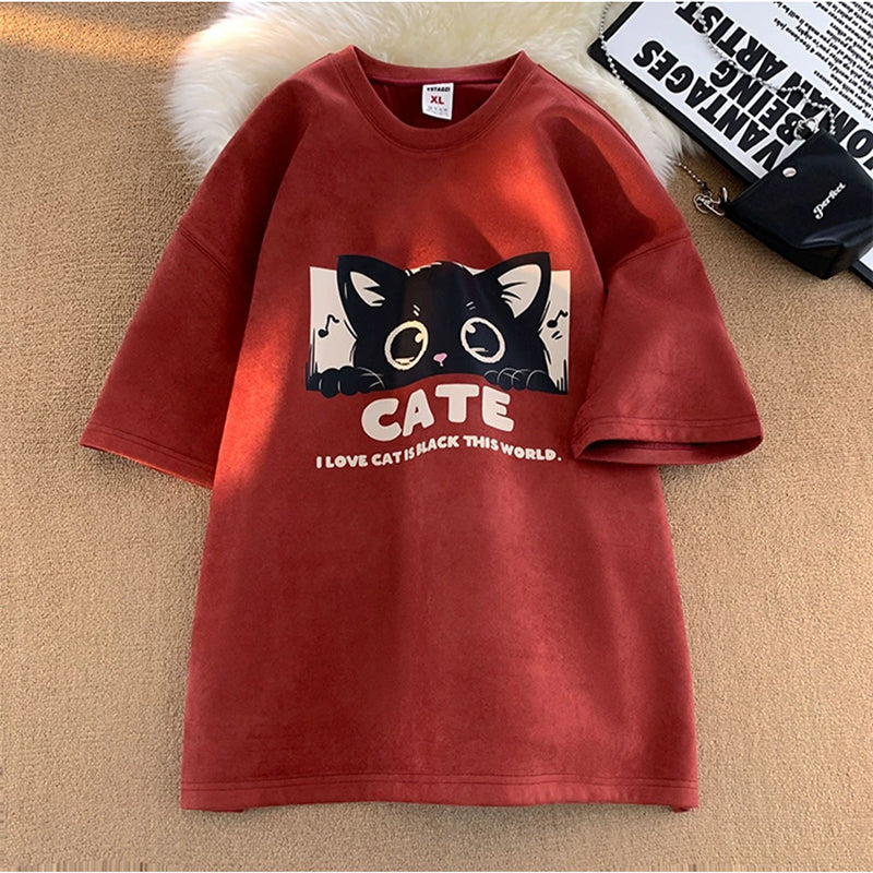 【PPGシリーズ】★Tシャツ★ 5color トップス 半袖 男女兼用 メンズ 大きいサイズ スエード 猫 ねこ ネコ 猫柄