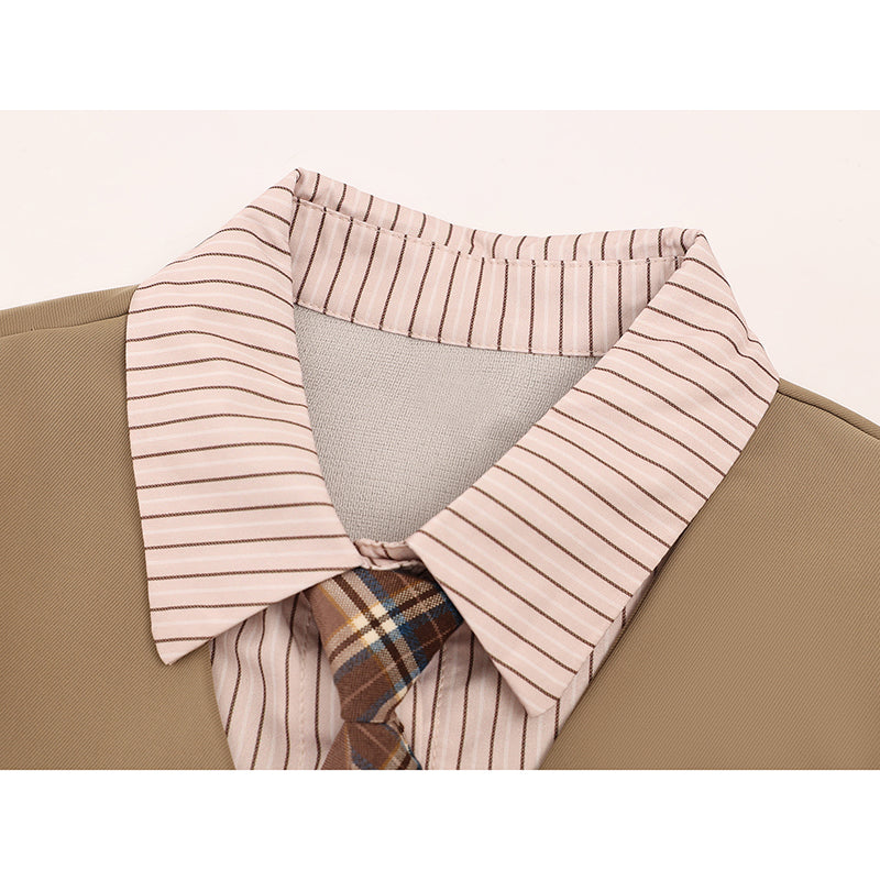 [LHSEN Series] ★Tops★ Shirt with Tie Ladies Mini Length Faux Layered Brown