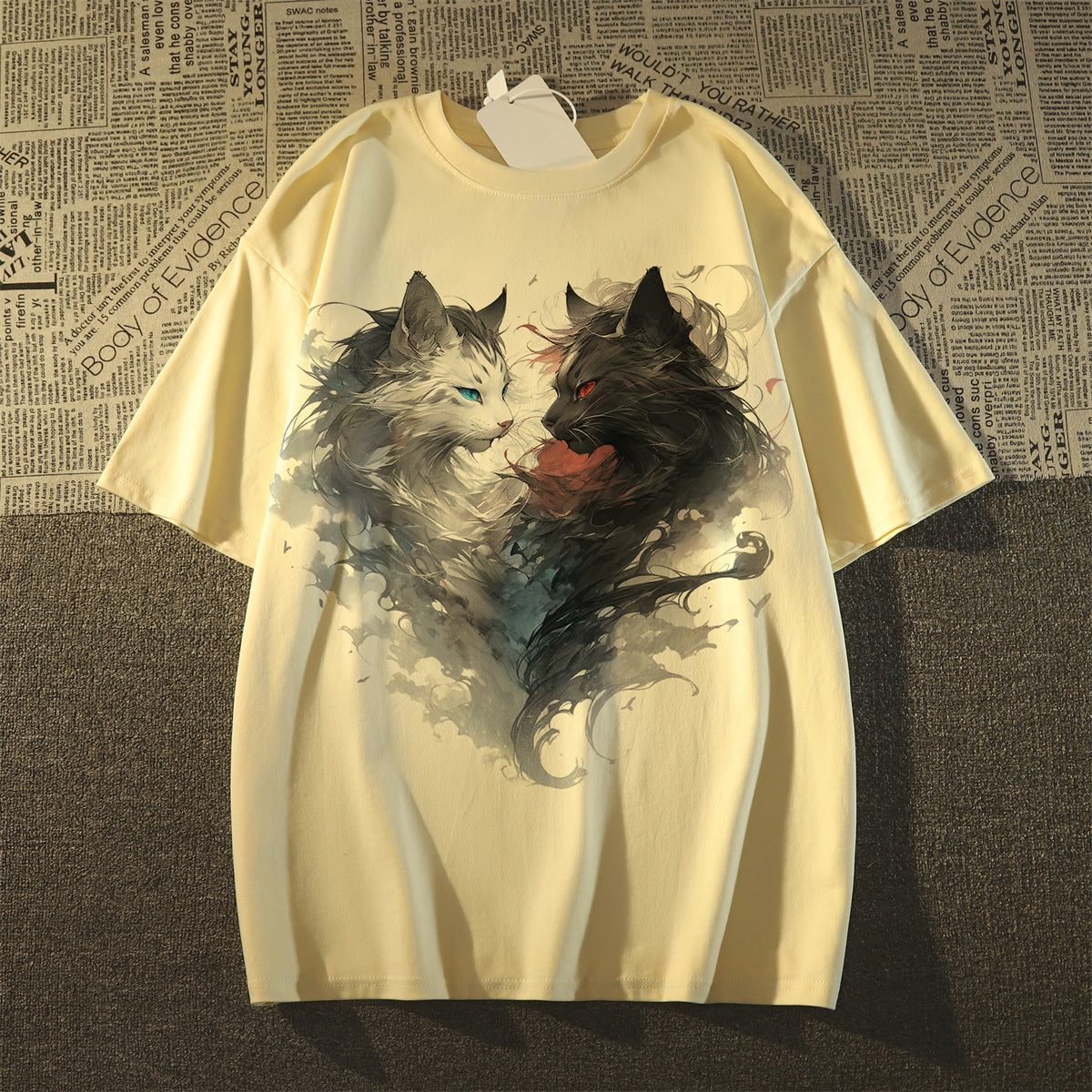 【DENGFUYUNシリーズ】★Tシャツ★ 3color トップス 半袖 男女兼用 メンズ コットン 猫 ネコ ねこ 黒 白 灰