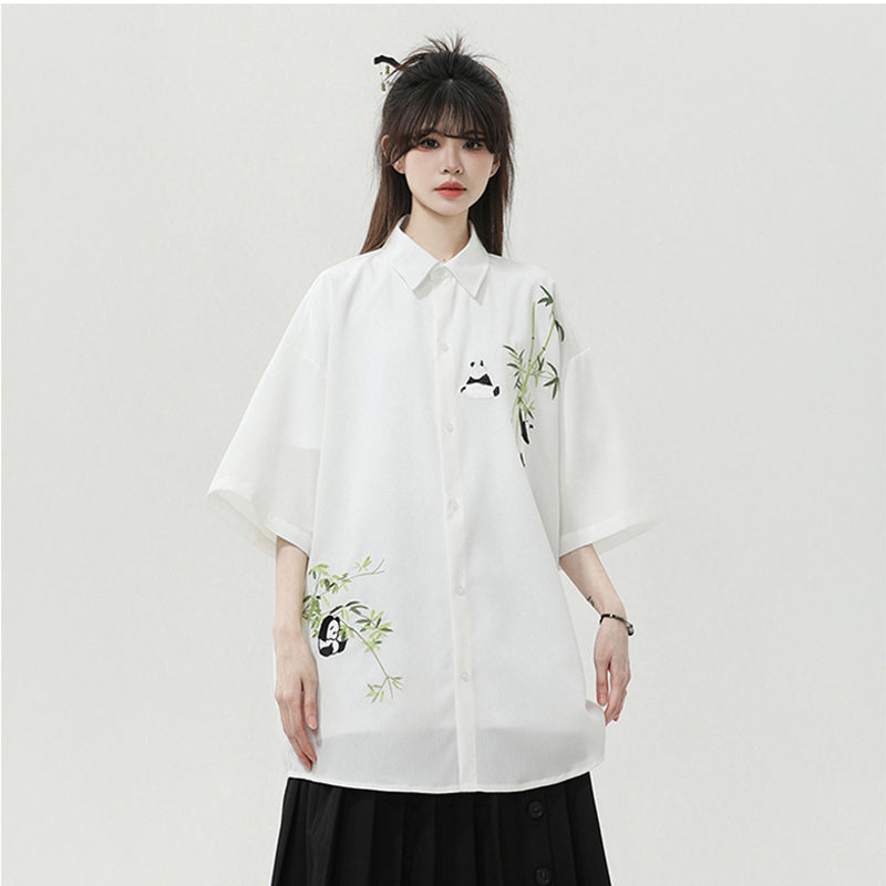 [SENSU series] ★Chinese style shirt★ 2 colors Tops Short sleeve shirt Unisex Men's Large size Panda Bamboo Embroidery Cool Summer clothes Black White