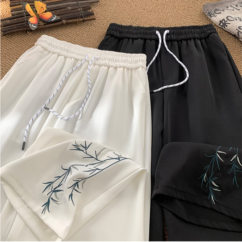 [KADISHOU Series] ★Chinese-style pants★ 2 colors Embroidered bamboo Casual pants Bottoms Unisex Men's Large size Black White