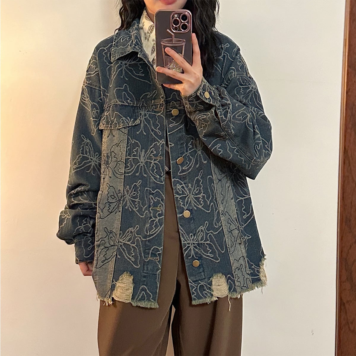 ✿New item! [UATONLINE Series]★Jacket★ Denim jacket Butterfly pattern outerwear Unisex Men's Stylish Blue Blue