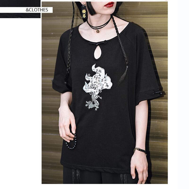 [Kokaisha --- Kirin Series] ★China style top★ T-shirt embroidered cotton Easy to match Black Black