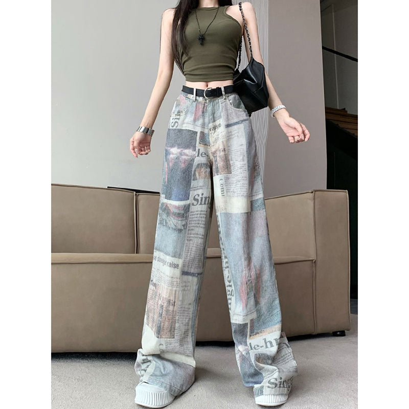 [OURI Series] ★Denim pants★ Trousers Bottoms Casual Easy to match Ladies Retro Print Unique