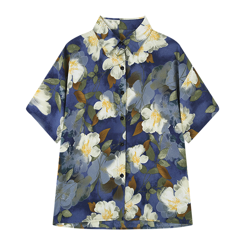 [MUTU Series] ★Shirt★ Tops, short-sleeved shirts, floral shirts, women's, upscale, blue