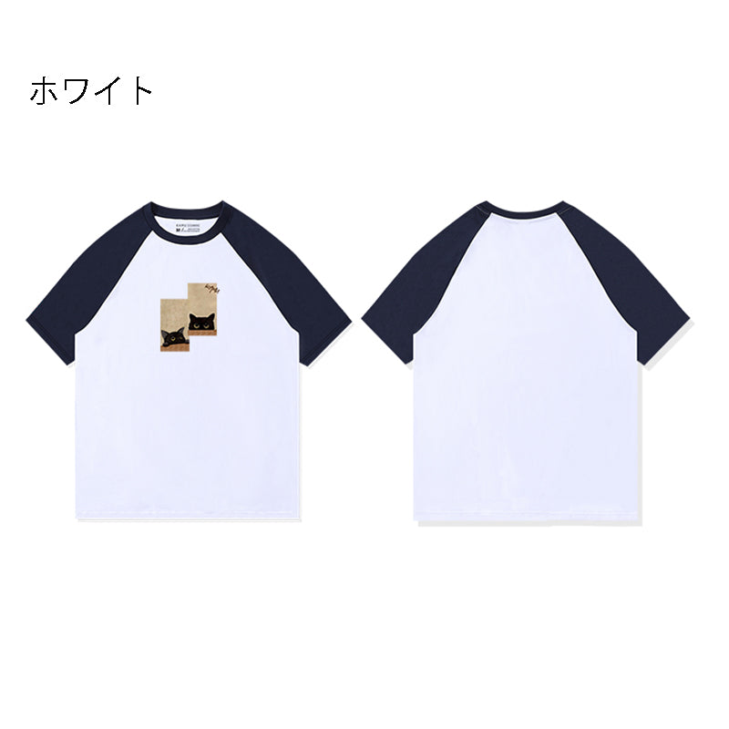 【KAMUシリーズ】★Tシャツ★ 4color トップス コットン 半袖 猫 ねこ ネコ 男女兼用 メンズ 配色 可愛い