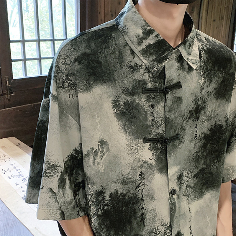 [SENSU series] ★Chinese-style tops★ 2 colors, shirt, short sleeves, unisex, men's, large size, Chinese clothing, ink-wash pattern, tie-dye