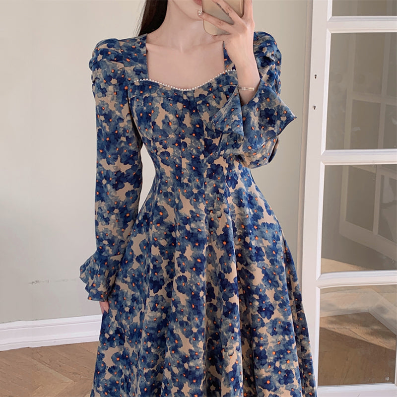 [JIGUJIGU Series] ★One Piece★ Women's Long Sleeve Floral Pattern Dress Retro Easy to Match Large Size