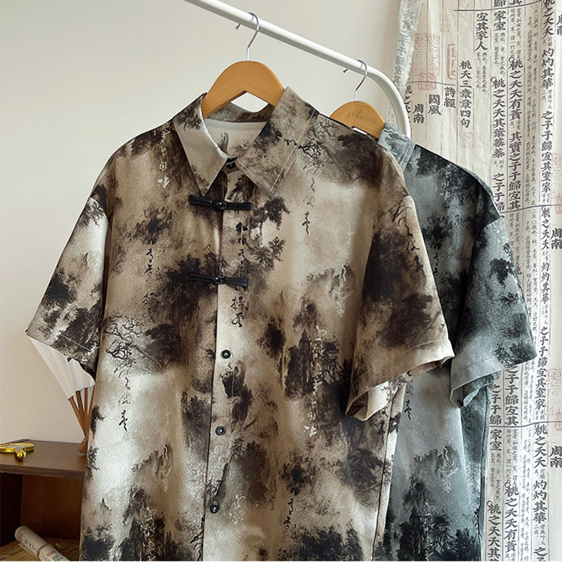 [SENSU series] ★Chinese-style tops★ 2 colors, shirt, short sleeves, unisex, men's, large size, Chinese clothing, ink-wash pattern, tie-dye