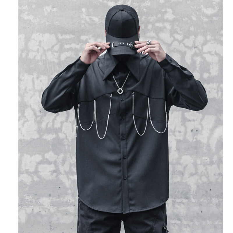 [WL Series]★Shirt★ Tops Long Sleeve Shirt Chain Unisex Men's Black Harajuku Style