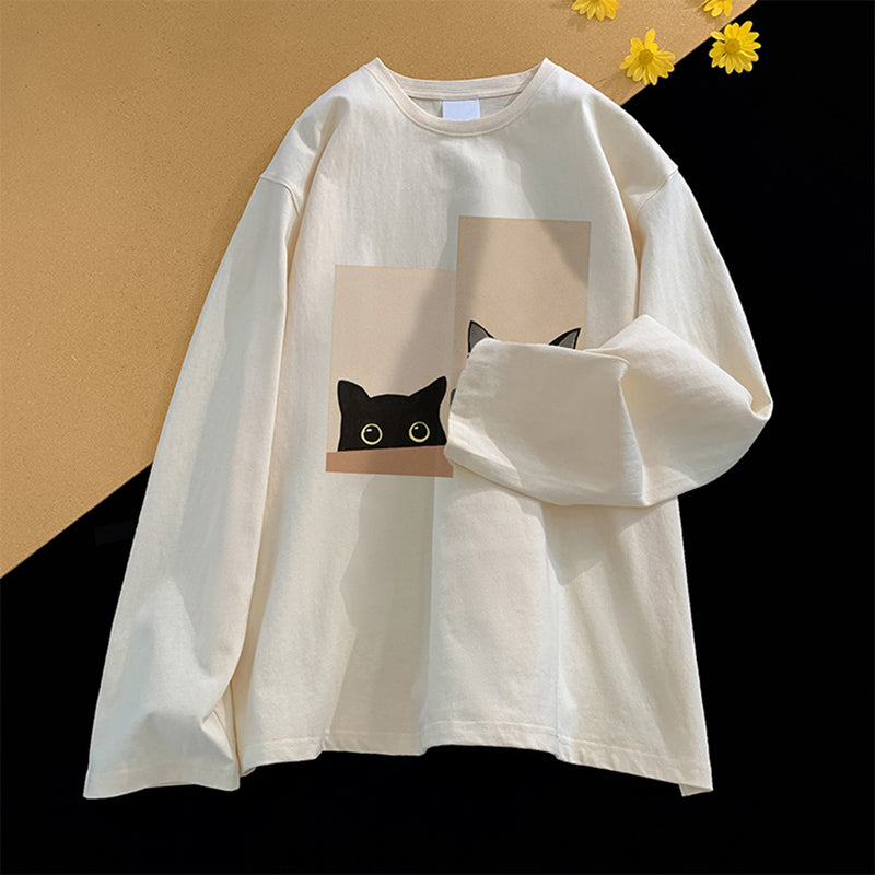 【SENSUシリーズ】★Tシャツ★ 5color 長袖Tシャツ 男女兼用 メンズ 大きいサイズ 猫 ねこ プリント コットン