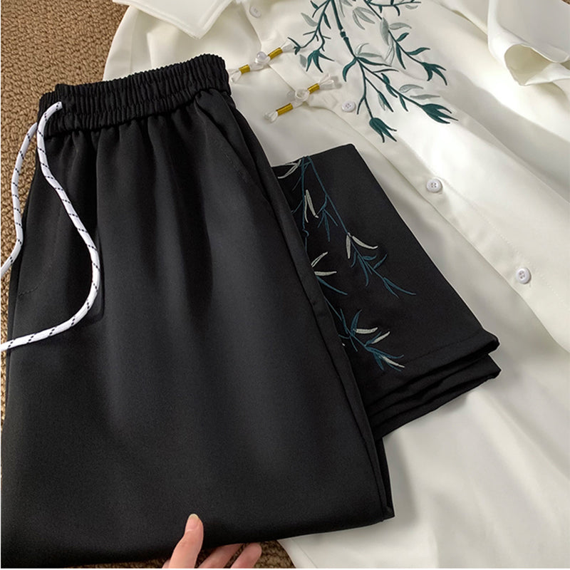 [KADISHOU Series] ★Chinese-style pants★ 2 colors Embroidered bamboo Casual pants Bottoms Unisex Men's Large size Black White