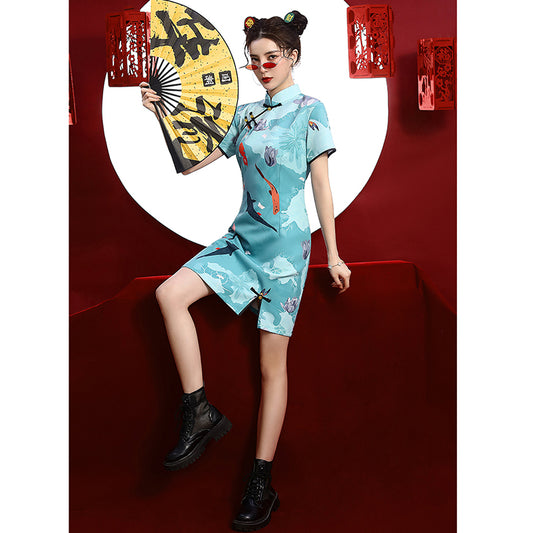 [MOMO Series]★Cheongsam dress★ Chinese style dress, short sleeves, short length, retro blue, blue