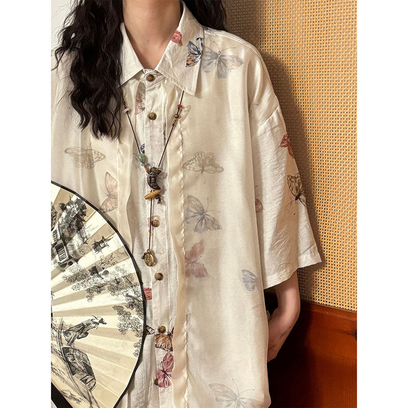 [ECOK series] ★Chinese style tops★ 2 colors Shirts Short sleeve shirts Unisex Men's Fake layered Butterfly