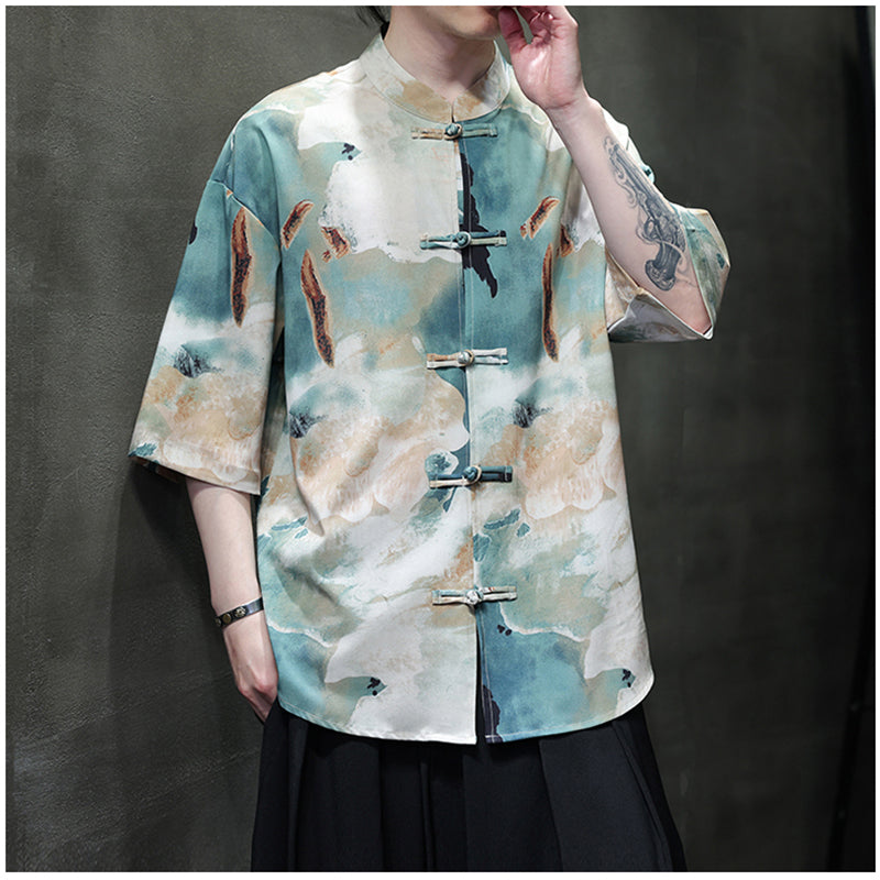 [BIGEMAN Series] ★China style tops★ 2color shirt, bamboo pattern, bamboo, short sleeves, unisex, men's, large size, black white