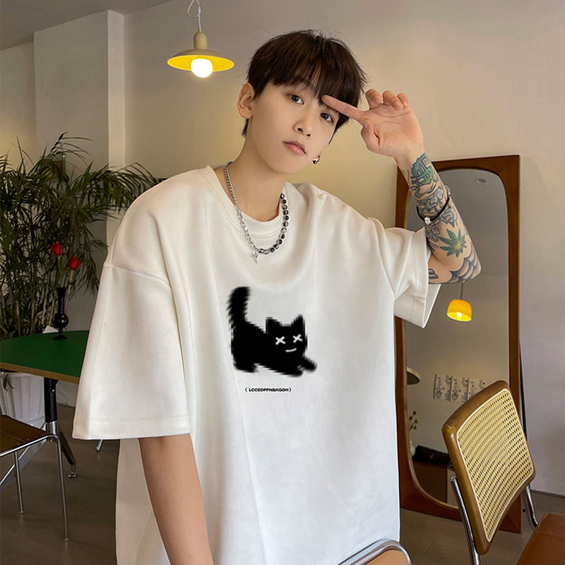 【NANSHIシリーズ】★Tシャツ★ 5color トップス 半袖 男女兼用 メンズ 大きいサイズ スエード 猫 猫柄 ねこ ネコ