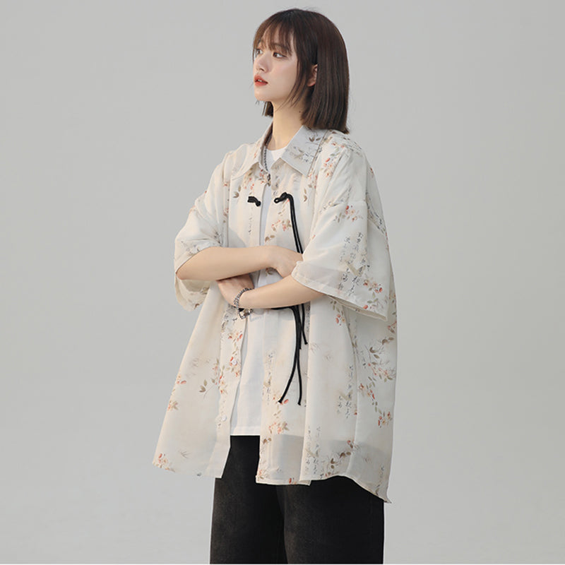 [SENSU Series] ★Chinese-style tops★ Shirt, short-sleeved shirt, unisex, men's, Chinese buttons, floral pattern