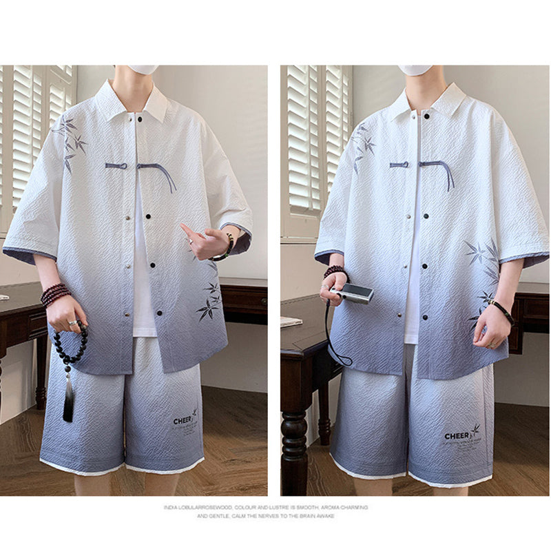 [WUSHE Series] ★Chinese style set up★ 3 colors Shirt + shorts Unisex Men's Large size Cool