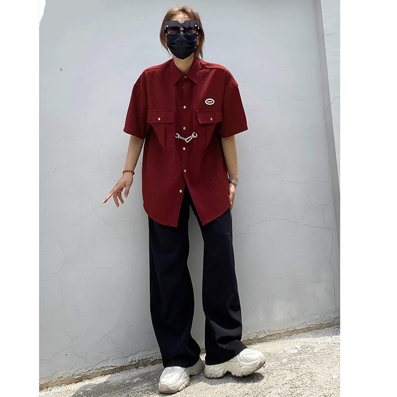 [HTTAOSUP Series]★Shirt★ 3color Tops Short Sleeve Shirt Unisex Men's Black Khaki Brown Wine Red