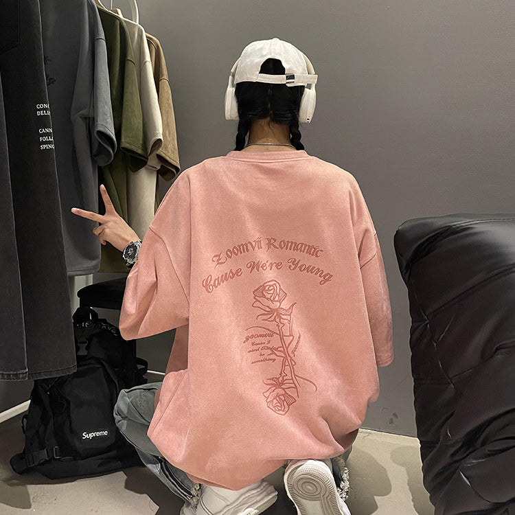 【NANSHIシリーズ】★Tシャツ★ 5color トップス 半袖 男女兼用 メンズ 大きいサイズ スエード 薔薇 バラ